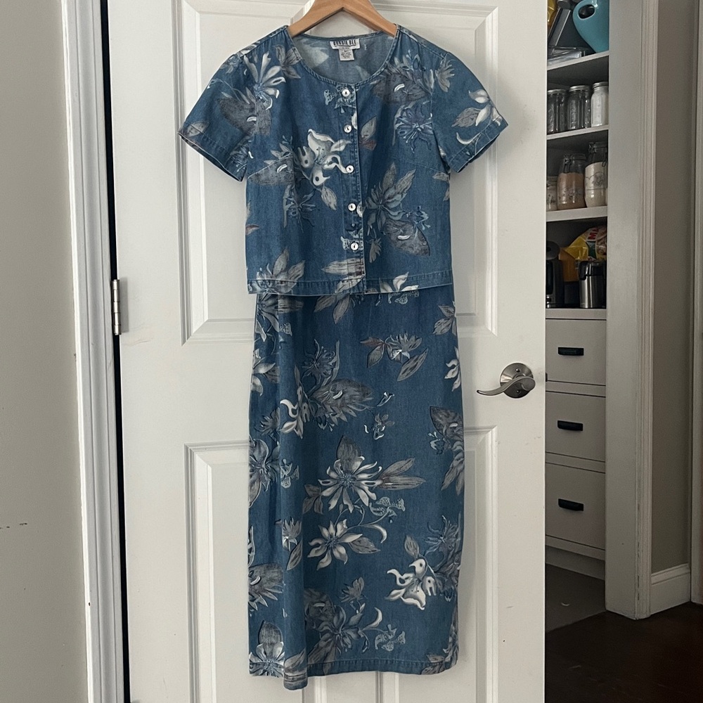 Vintage Cotton floral Denim Dress set Sz 4 petite